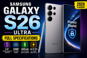 Samsung Galaxy S26 Ultra thumbnail showing the smartphone, S Pen, Privacy Display feature, 200MP camera, 5000mAh battery, and full specifications for the 2026 flagship model.