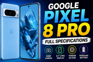 Google Pixel 8 Pro thumbnail showing the smartphone design, 50MP camera, 6.7-inch LTPO display, Tensor G3 processor, and 5050mAh battery with full specifications highlighted.