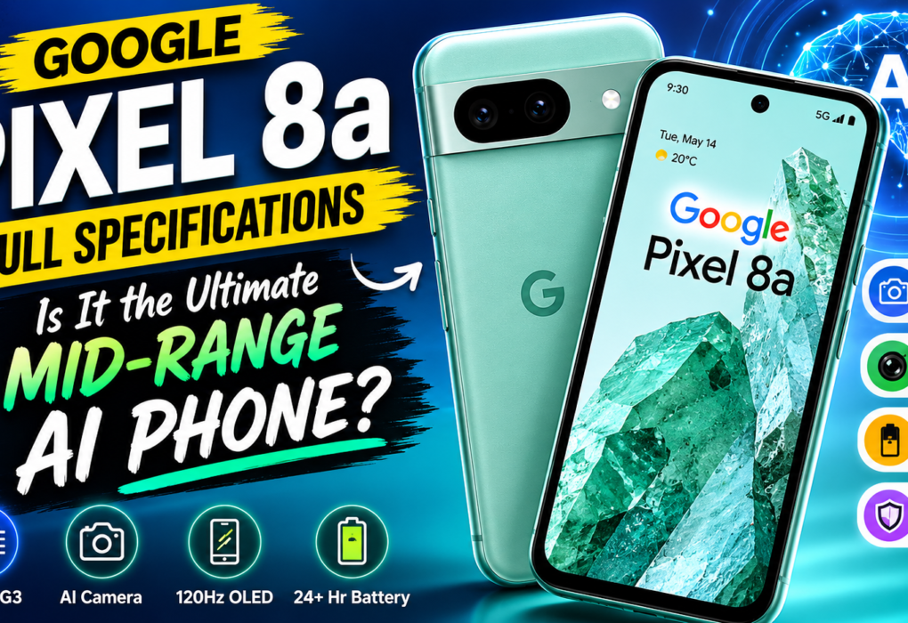 Google Pixel 8a smartphone thumbnail featuring the Tensor G3 chip, AI-powered camera, 64MP dual camera system, 4,492mAh battery, and 7 years of software updates with bold text asking if it is the ultimate mid-range AI phone.