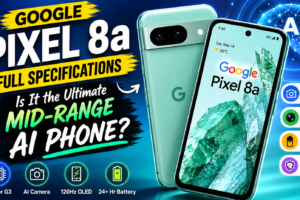 Google Pixel 8a smartphone thumbnail featuring the Tensor G3 chip, AI-powered camera, 64MP dual camera system, 4,492mAh battery, and 7 years of software updates with bold text asking if it is the ultimate mid-range AI phone.