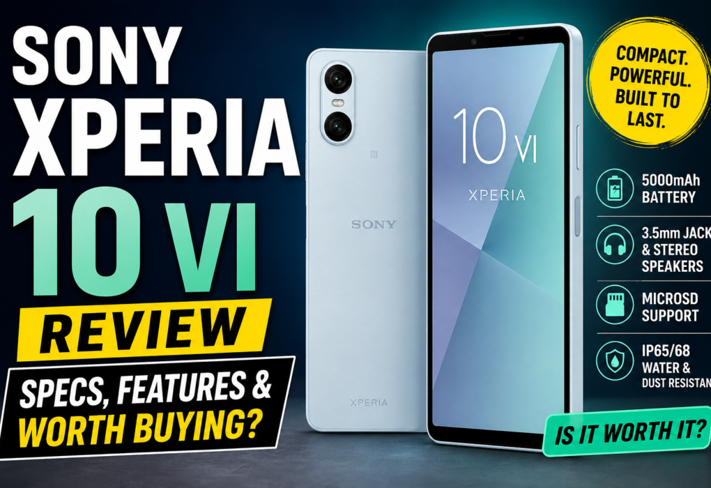 Sony Xperia 10 VI review thumbnail featuring the smartphone from front and rear views with highlighted features including 5000mAh battery, 3.5mm headphone jack, stereo speakers, microSD card support, and IP65/IP68 water resistance, alongside the text “Specs, Features & Worth Buying?” for a comprehensive review article.