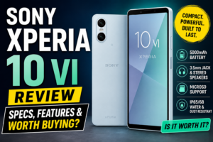 Sony Xperia 10 VI review thumbnail featuring the smartphone from front and rear views with highlighted features including 5000mAh battery, 3.5mm headphone jack, stereo speakers, microSD card support, and IP65/IP68 water resistance, alongside the text “Specs, Features & Worth Buying?” for a comprehensive review article.