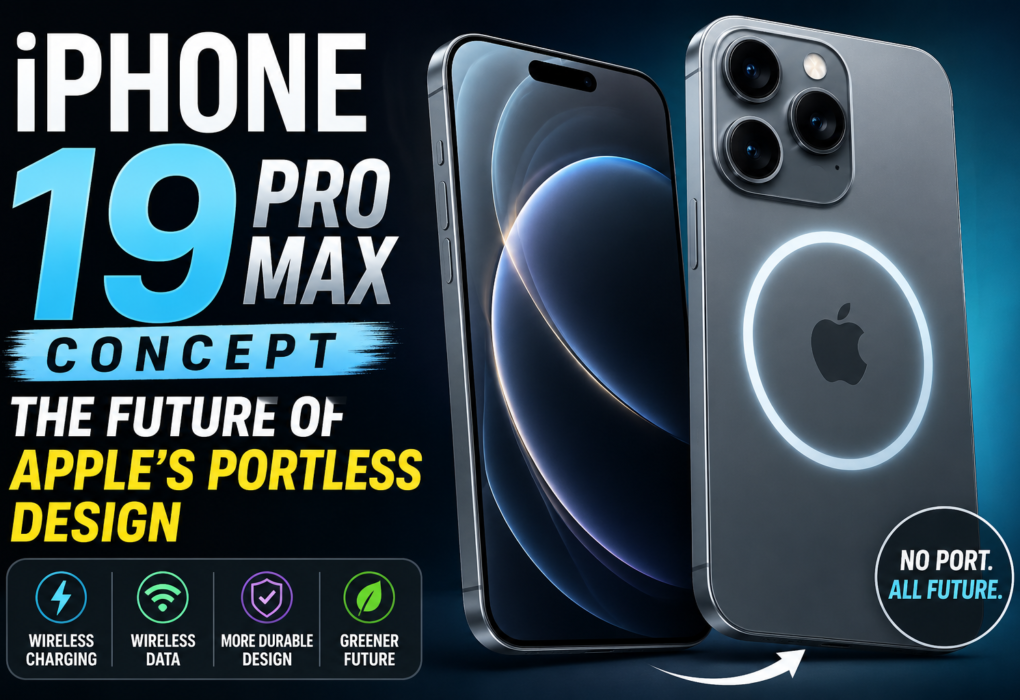 Futuristic iPhone 19 Pro Max concept thumbnail showing a sleek portless Apple smartphone with MagSafe wireless charging, modern design, and futuristic technology features.