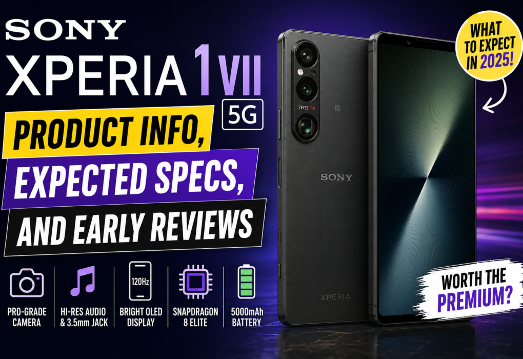 Sony Xperia 1 VII 5G smartphone thumbnail featuring the flagship device, expected specifications, early reviews, Snapdragon 8 Elite chipset, OLED display, pro-grade camera, and 5000mAh battery.